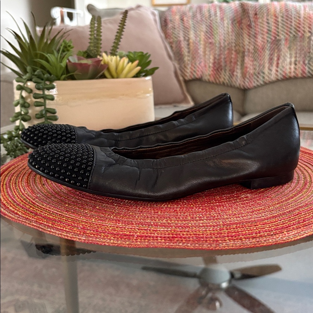 AGL Black Italian Leather “Blakely” Flats with Beaded Toes - Size 38